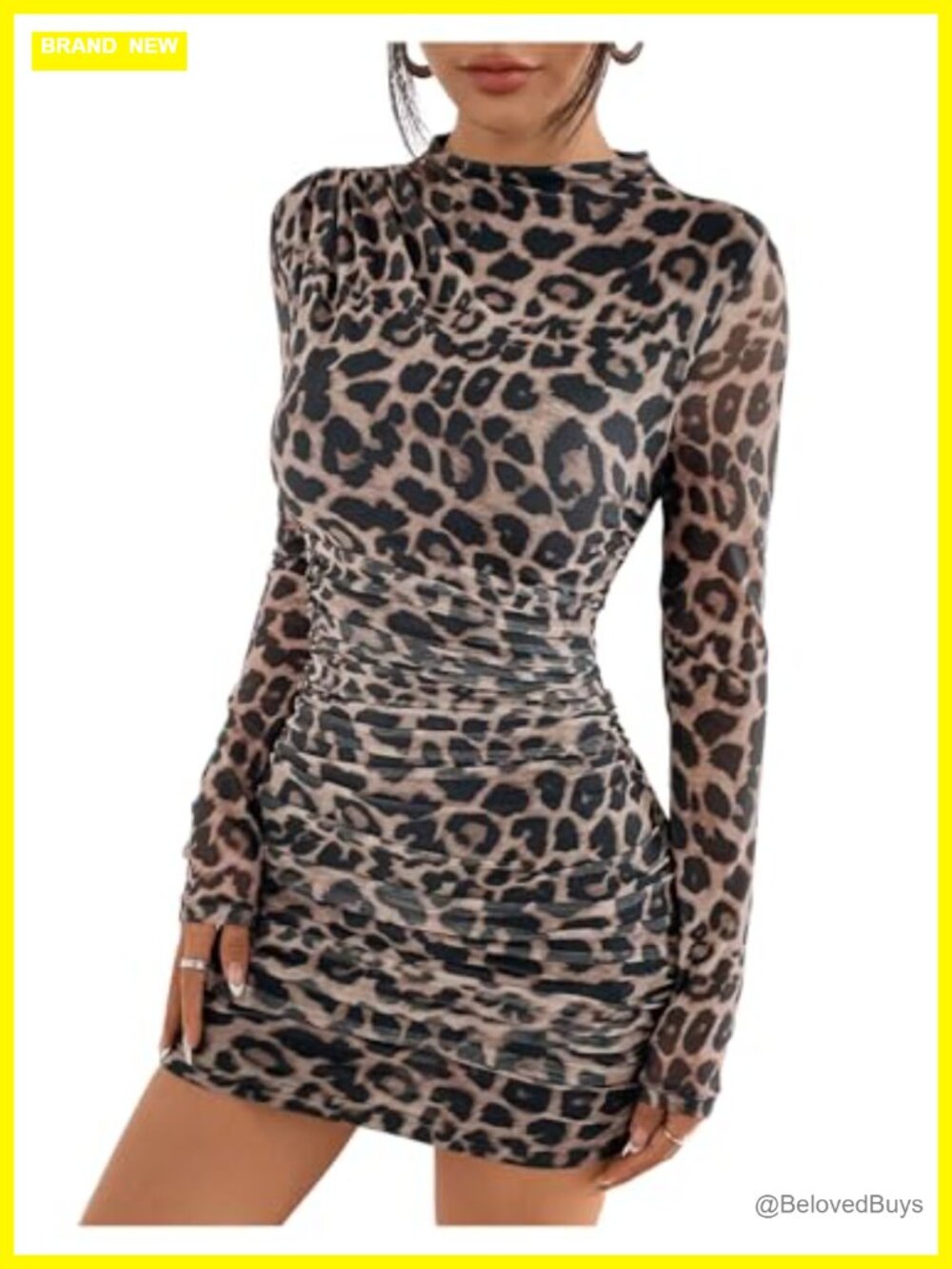 WDIRARA Leopard Print Ruched Bodycon Mini Dress Long Sleeve Mesh Club Party